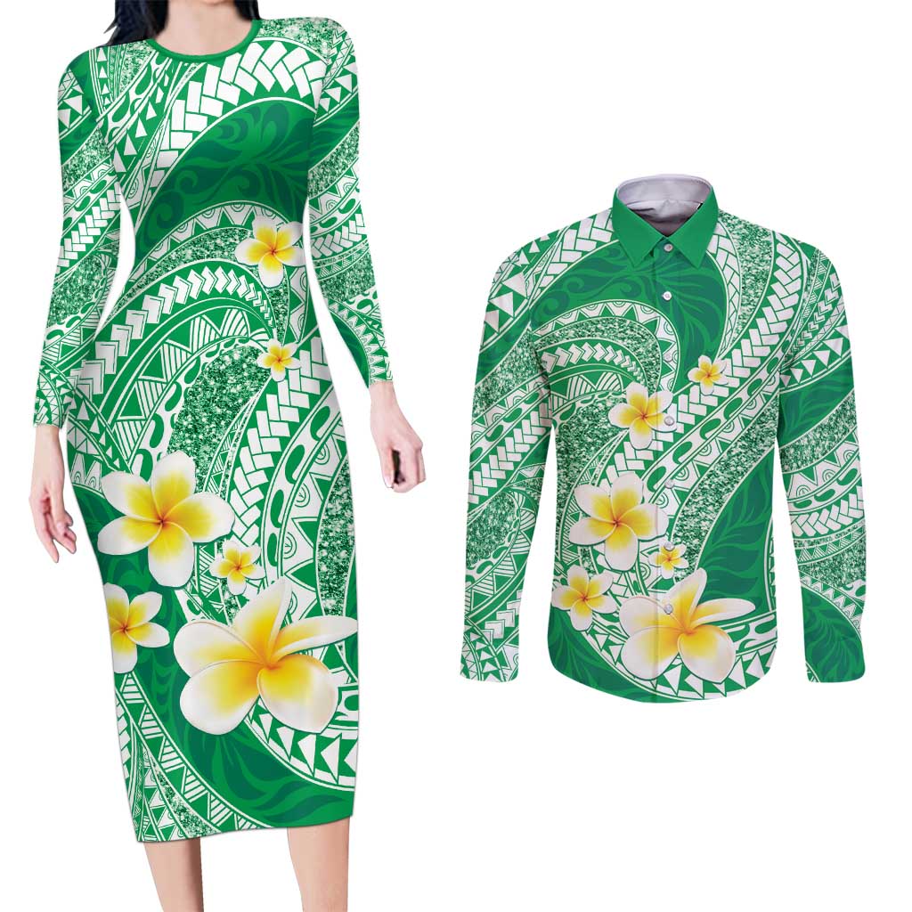 Plumeria Polynesian Green Glitter Pattern Couples Matching Long Sleeve Bodycon Dress and Long Sleeve Button Shirt LT01 Green - Polynesian Pride