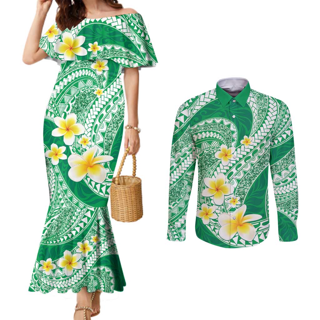 Plumeria Polynesian Green Glitter Pattern Couples Matching Mermaid Dress and Long Sleeve Button Shirt LT01 Green - Polynesian Pride
