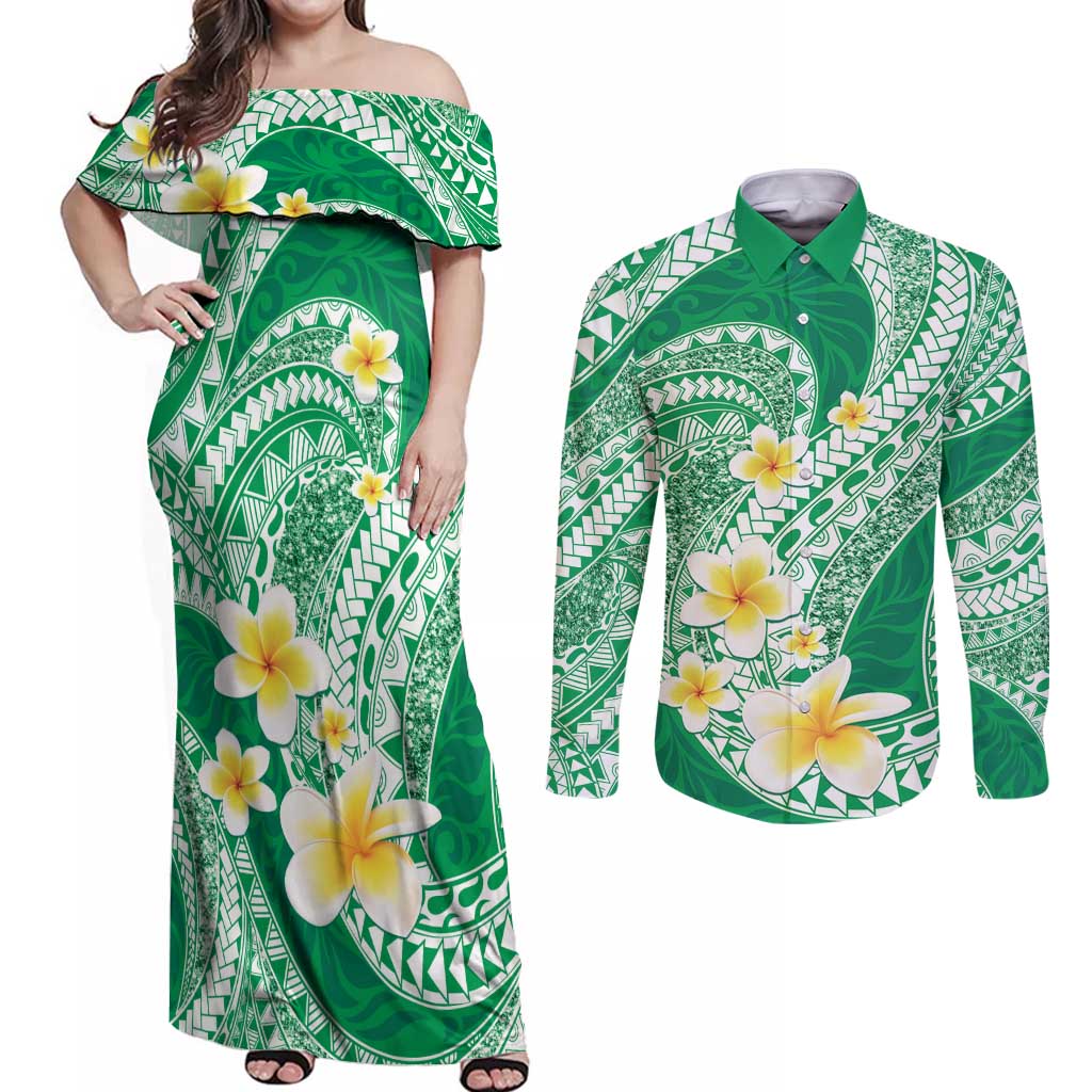 Plumeria Polynesian Green Glitter Pattern Couples Matching Off Shoulder Maxi Dress and Long Sleeve Button Shirt LT01 Green - Polynesian Pride