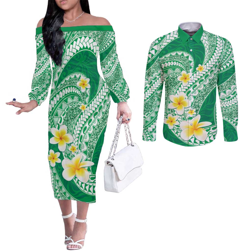Plumeria Polynesian Green Glitter Pattern Couples Matching Off The Shoulder Long Sleeve Dress and Long Sleeve Button Shirt LT01 Green - Polynesian Pride