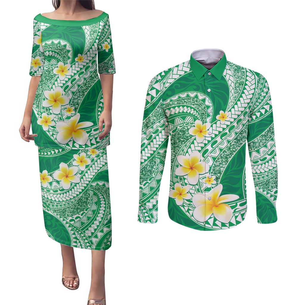 Plumeria Polynesian Green Glitter Pattern Couples Matching Puletasi and Long Sleeve Button Shirt LT01 Green - Polynesian Pride