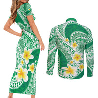 Plumeria Polynesian Green Glitter Pattern Couples Matching Short Sleeve Bodycon Dress and Long Sleeve Button Shirt
