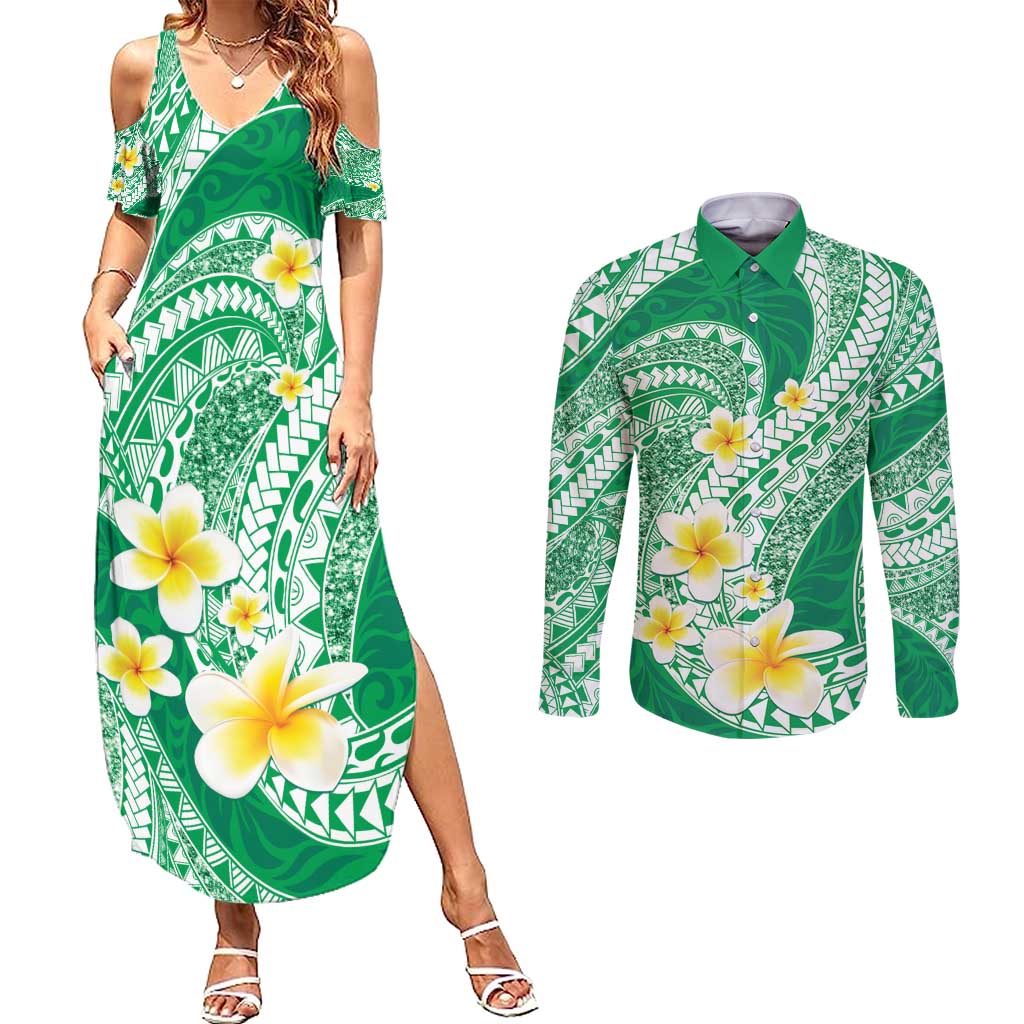 Plumeria Polynesian Green Glitter Pattern Couples Matching Summer Maxi Dress and Long Sleeve Button Shirt LT01 Green - Polynesian Pride