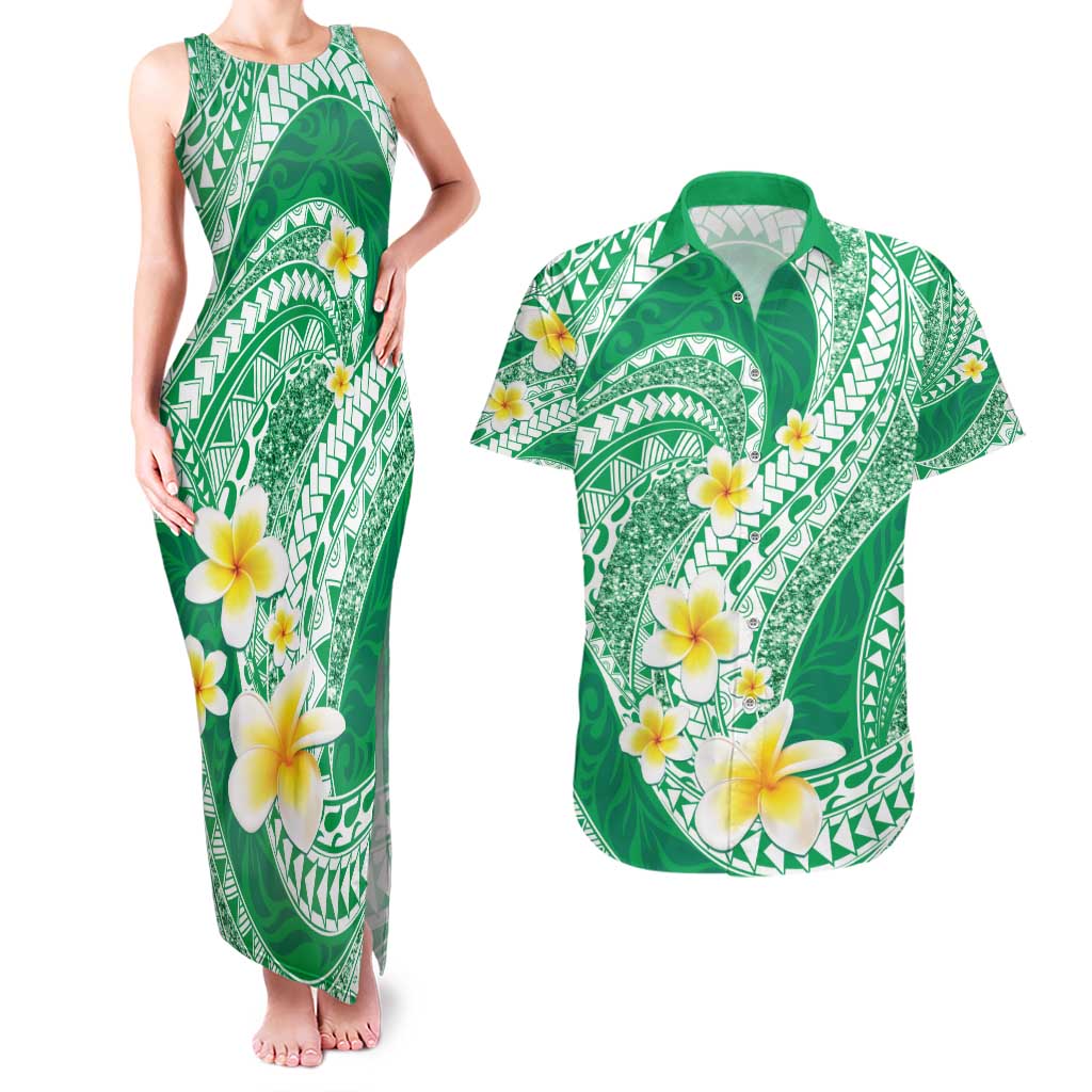 Plumeria Polynesian Green Glitter Pattern Couples Matching Tank Maxi Dress and Hawaiian Shirt LT01 Green - Polynesian Pride