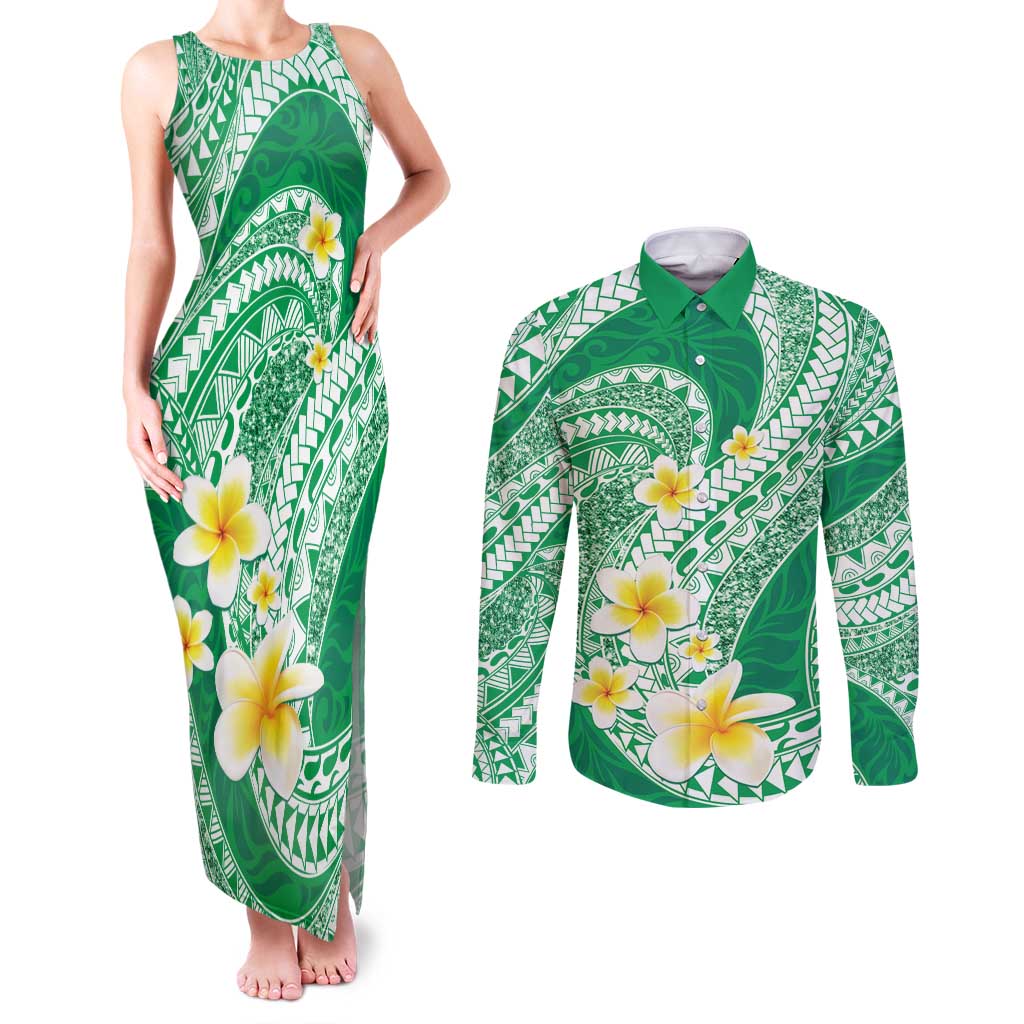 Plumeria Polynesian Green Glitter Pattern Couples Matching Tank Maxi Dress and Long Sleeve Button Shirt LT01 Green - Polynesian Pride