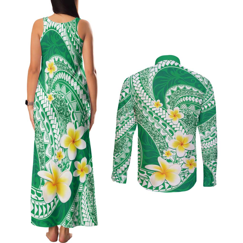 Plumeria Polynesian Green Glitter Pattern Couples Matching Tank Maxi Dress and Long Sleeve Button Shirt