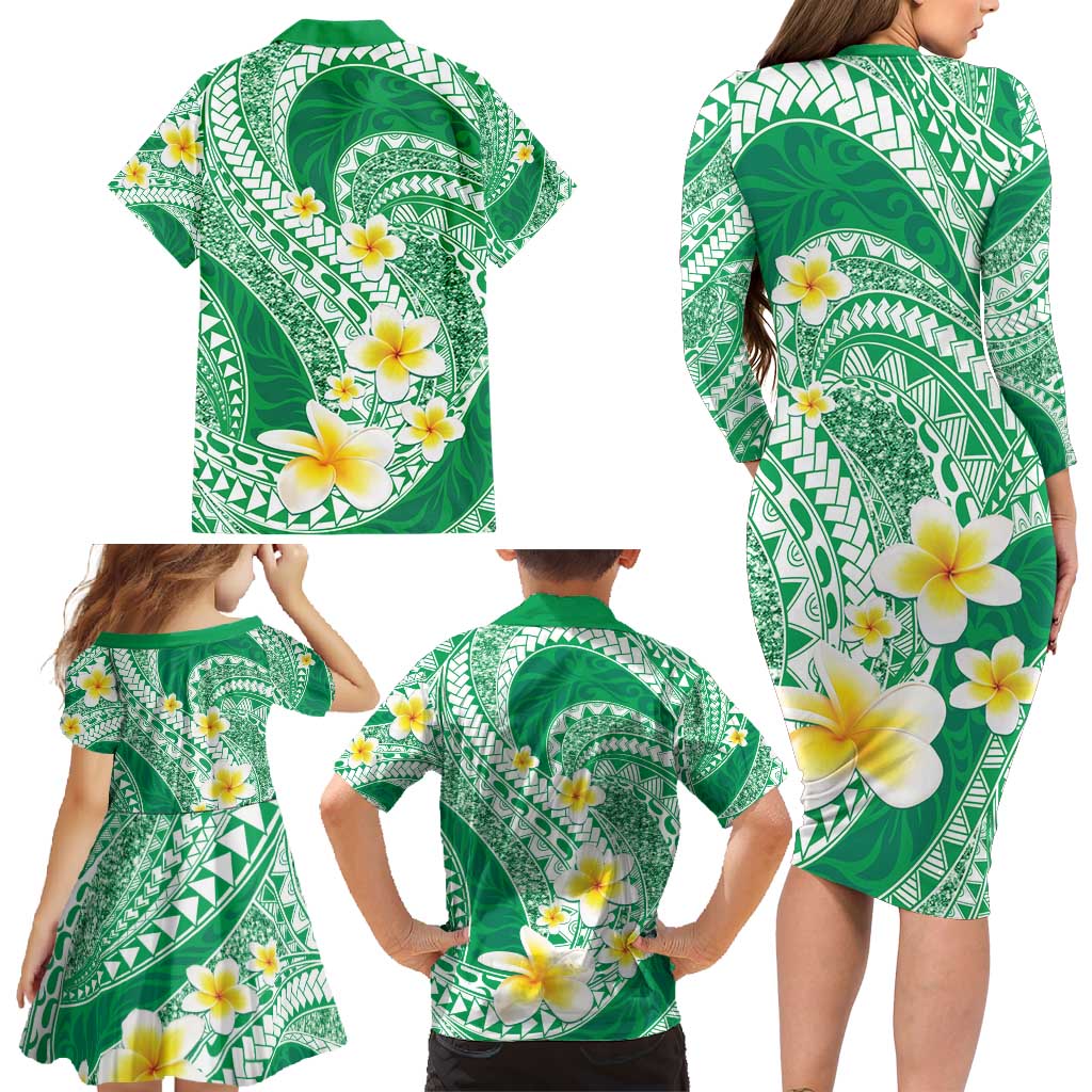 Plumeria Polynesian Green Glitter Pattern Family Matching Long Sleeve Bodycon Dress and Hawaiian Shirt LT01 - Polynesian Pride