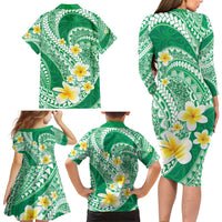 Plumeria Polynesian Green Glitter Pattern Family Matching Long Sleeve Bodycon Dress and Hawaiian Shirt LT01 - Polynesian Pride