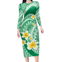 Plumeria Polynesian Green Glitter Pattern Family Matching Long Sleeve Bodycon Dress and Hawaiian Shirt LT01 Mom's Dress Green - Polynesian Pride