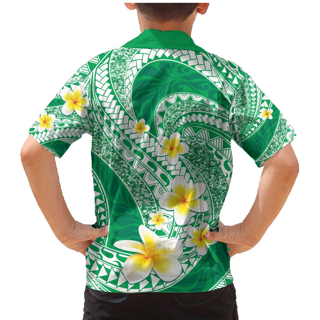 Plumeria Polynesian Green Glitter Pattern Family Matching Mermaid Dress and Hawaiian Shirt LT01 - Polynesian Pride