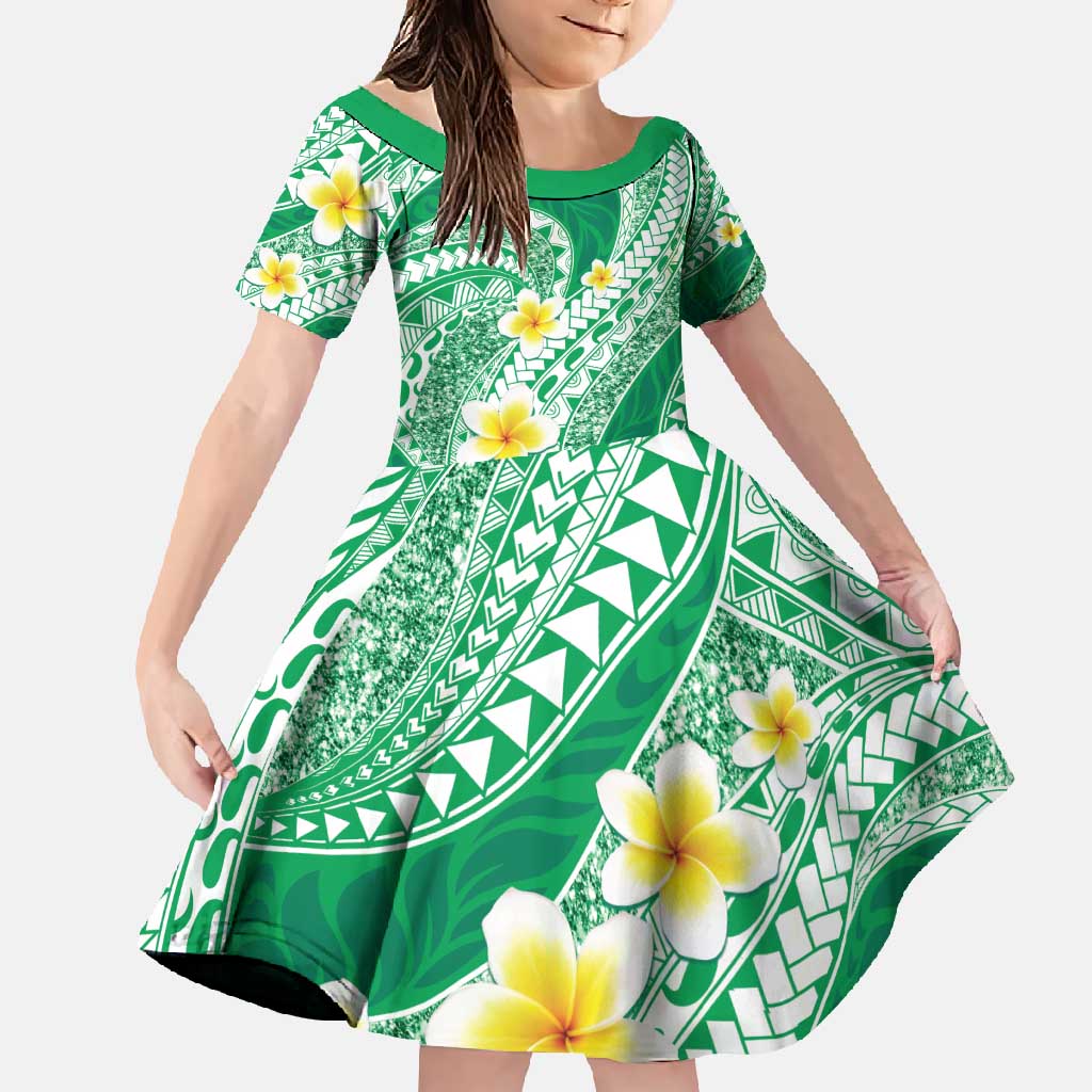 Plumeria Polynesian Green Glitter Pattern Family Matching Mermaid Dress and Hawaiian Shirt LT01 Daughter's Dress Green - Polynesian Pride