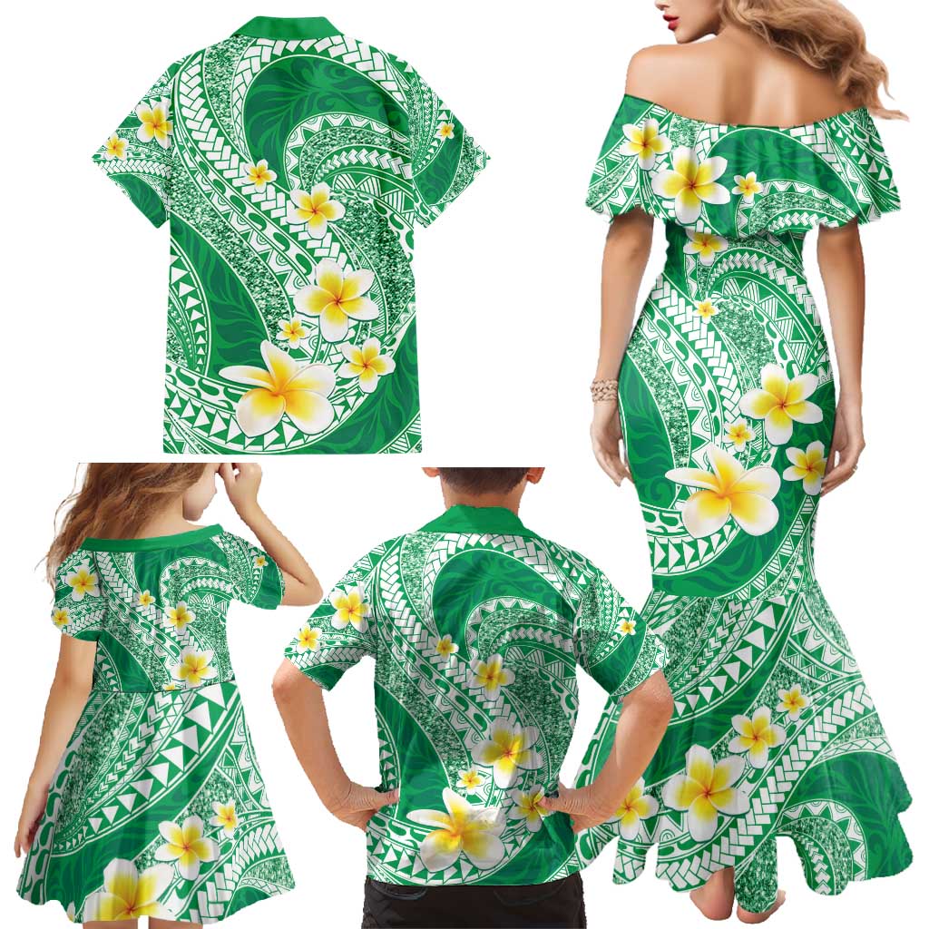 Plumeria Polynesian Green Glitter Pattern Family Matching Mermaid Dress and Hawaiian Shirt LT01 - Polynesian Pride