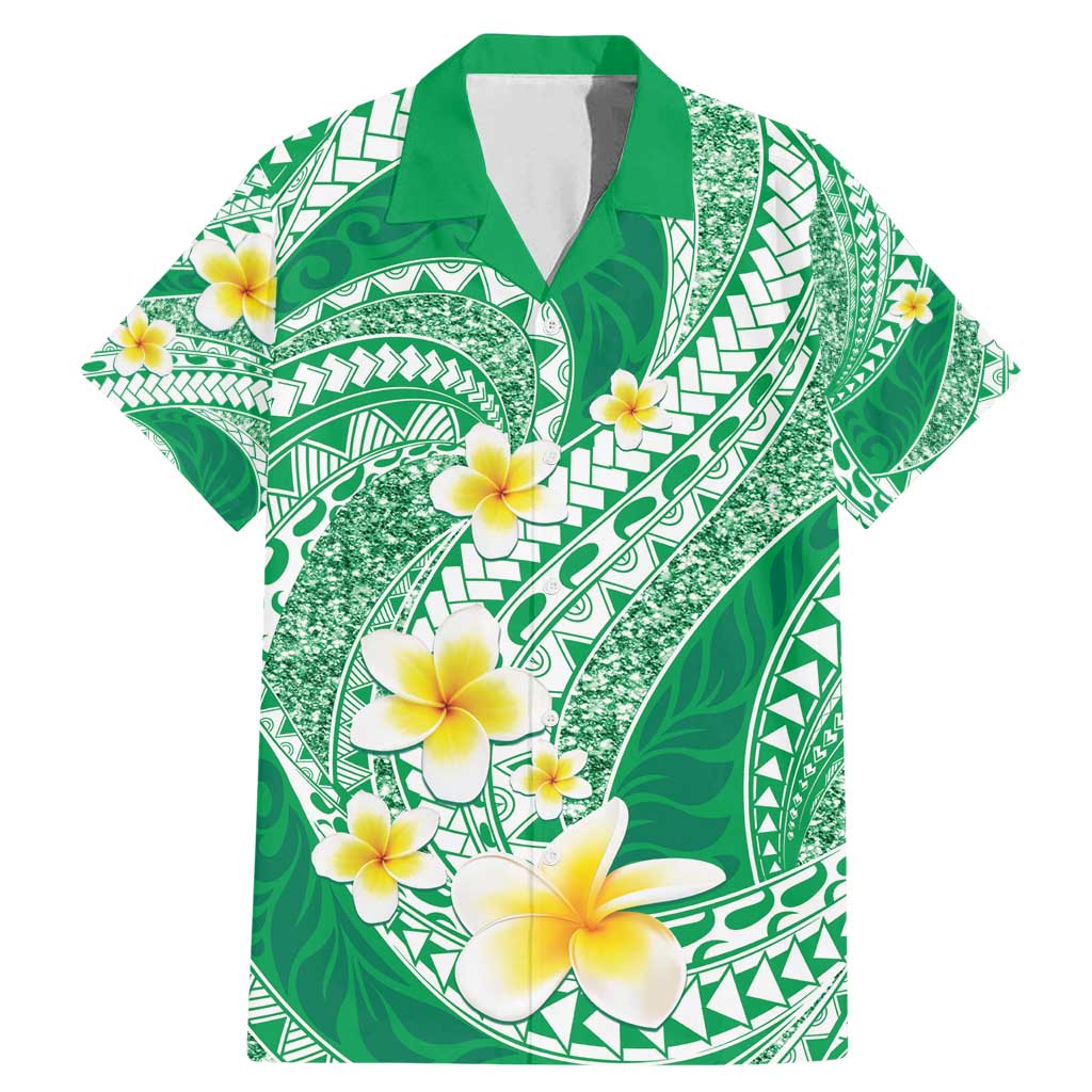 Plumeria Polynesian Green Glitter Pattern Family Matching Mermaid Dress and Hawaiian Shirt LT01 Dad's Shirt - Short Sleeve Green - Polynesian Pride