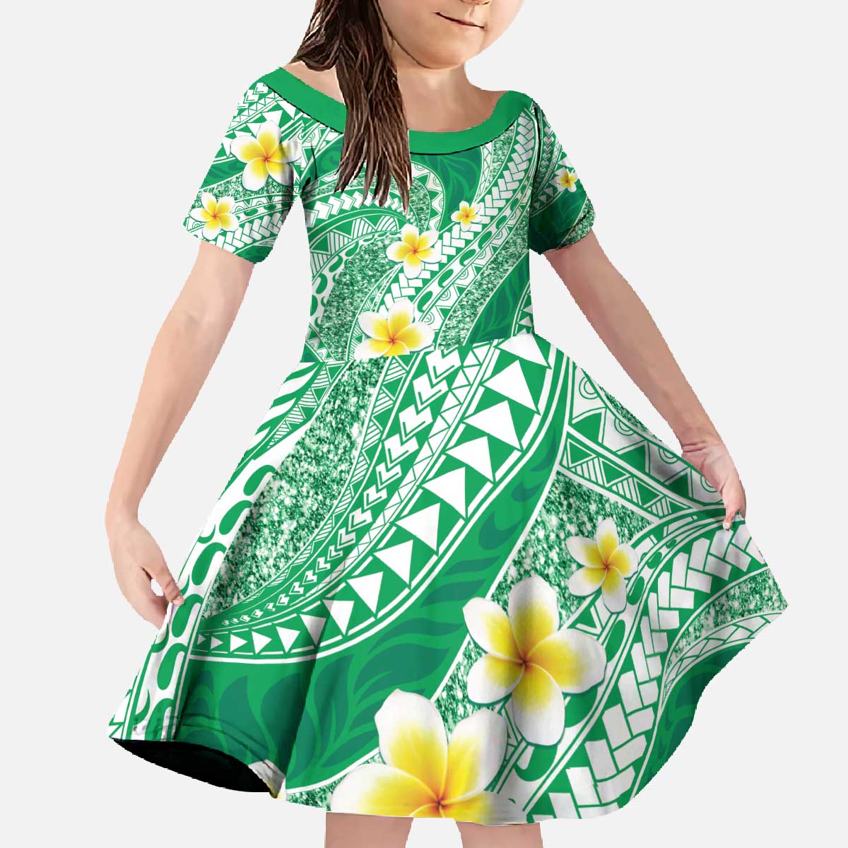 Plumeria Polynesian Green Glitter Pattern Family Matching Off The Shoulder Long Sleeve Dress and Hawaiian Shirt LT01 Daughter's Dress Green - Polynesian Pride