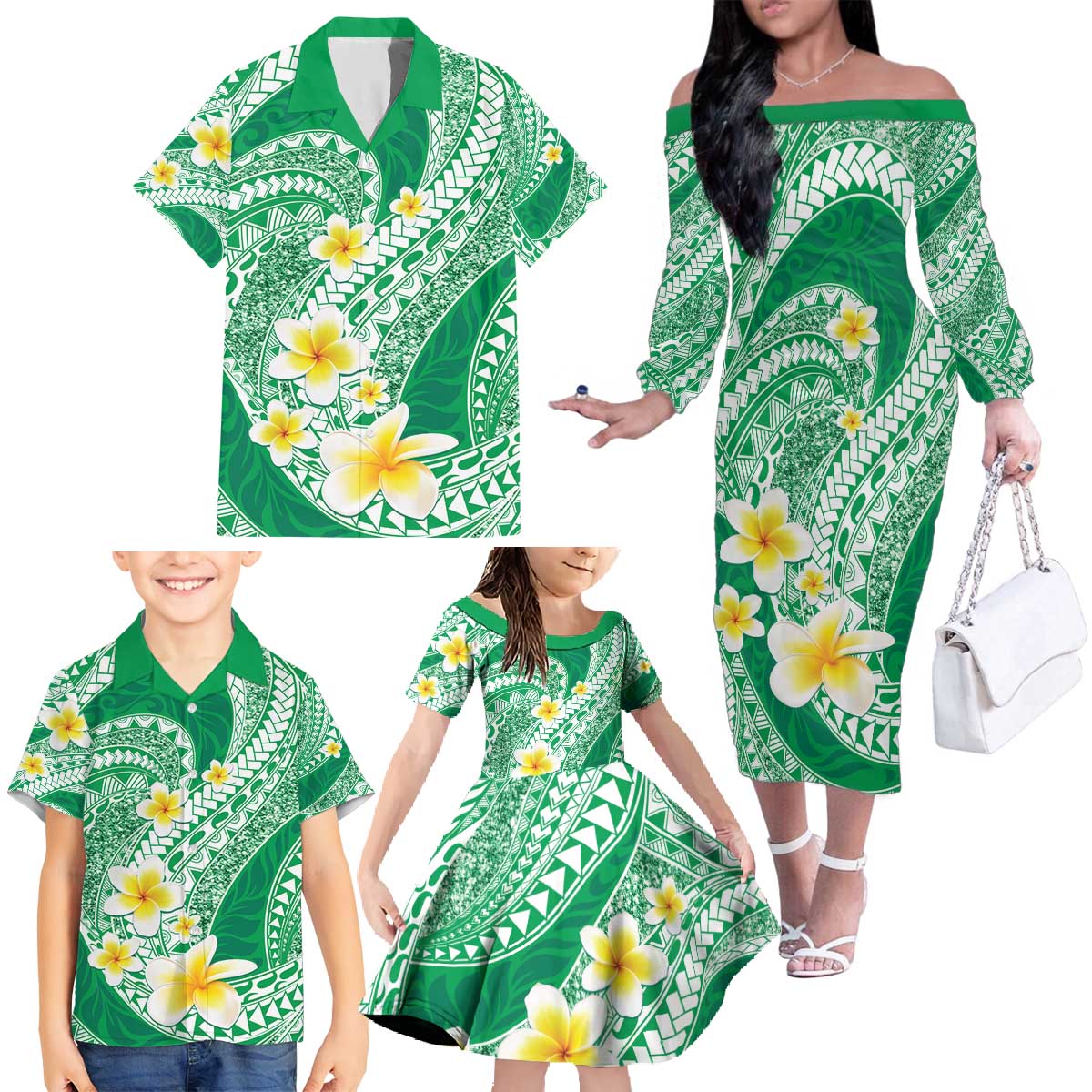Plumeria Polynesian Green Glitter Pattern Family Matching Off The Shoulder Long Sleeve Dress and Hawaiian Shirt LT01 - Polynesian Pride