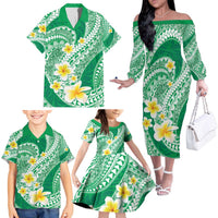 Plumeria Polynesian Green Glitter Pattern Family Matching Off The Shoulder Long Sleeve Dress and Hawaiian Shirt LT01 - Polynesian Pride