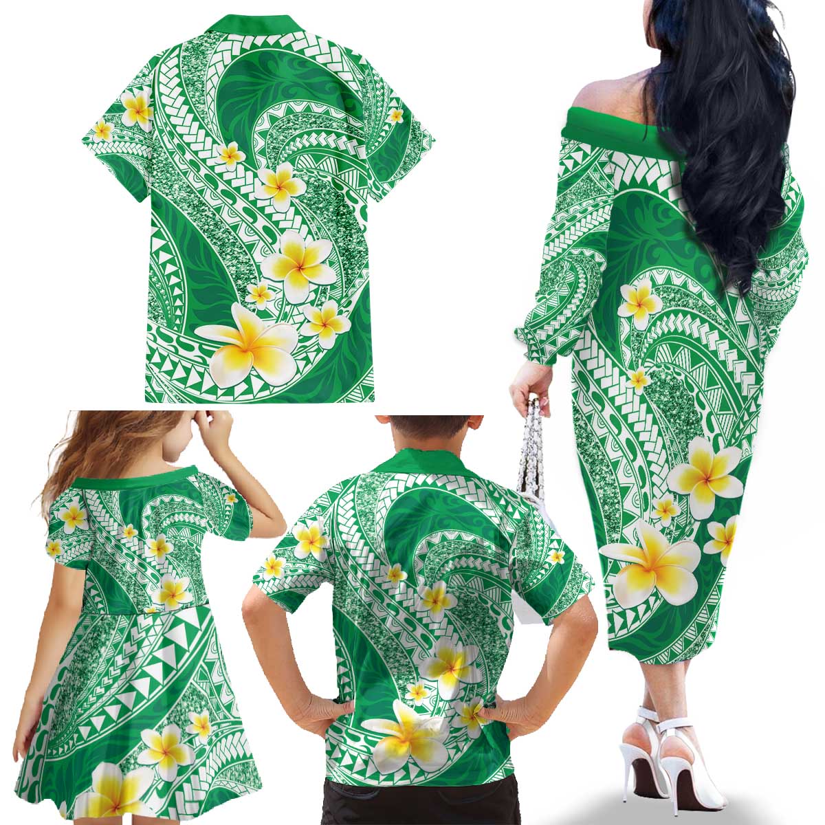 Plumeria Polynesian Green Glitter Pattern Family Matching Off The Shoulder Long Sleeve Dress and Hawaiian Shirt LT01 - Polynesian Pride