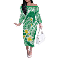 Plumeria Polynesian Green Glitter Pattern Family Matching Off The Shoulder Long Sleeve Dress and Hawaiian Shirt LT01 Mom's Dress Green - Polynesian Pride