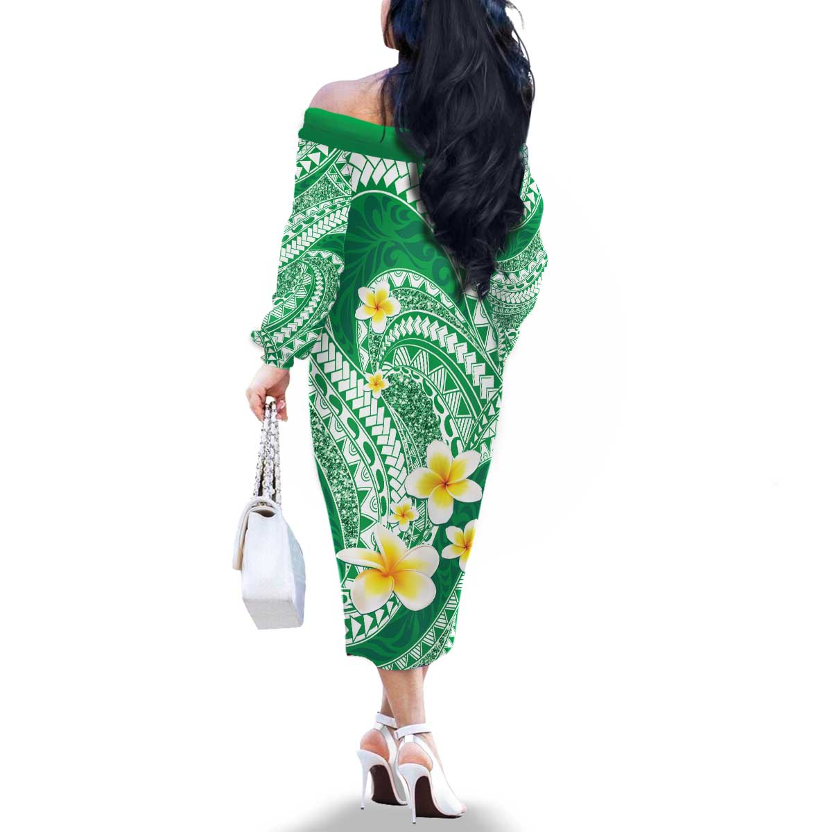 Plumeria Polynesian Green Glitter Pattern Family Matching Off The Shoulder Long Sleeve Dress and Hawaiian Shirt LT01 - Polynesian Pride