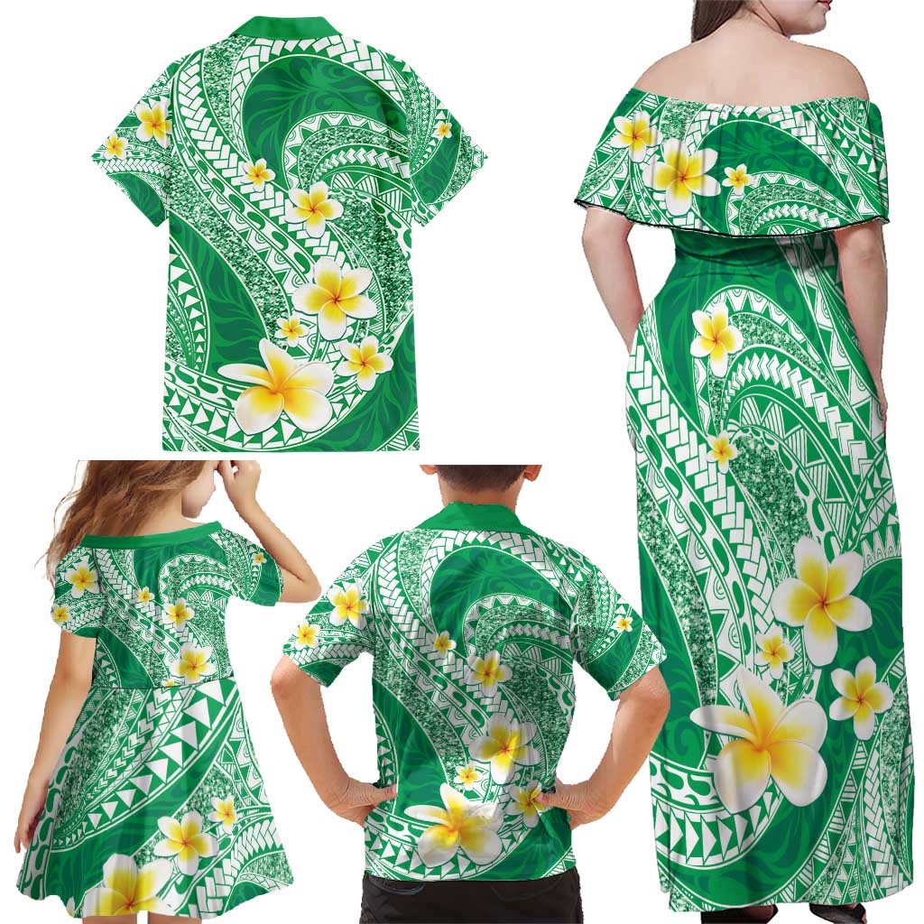 Plumeria Polynesian Green Glitter Pattern Family Matching Off Shoulder Maxi Dress and Hawaiian Shirt LT01 - Polynesian Pride