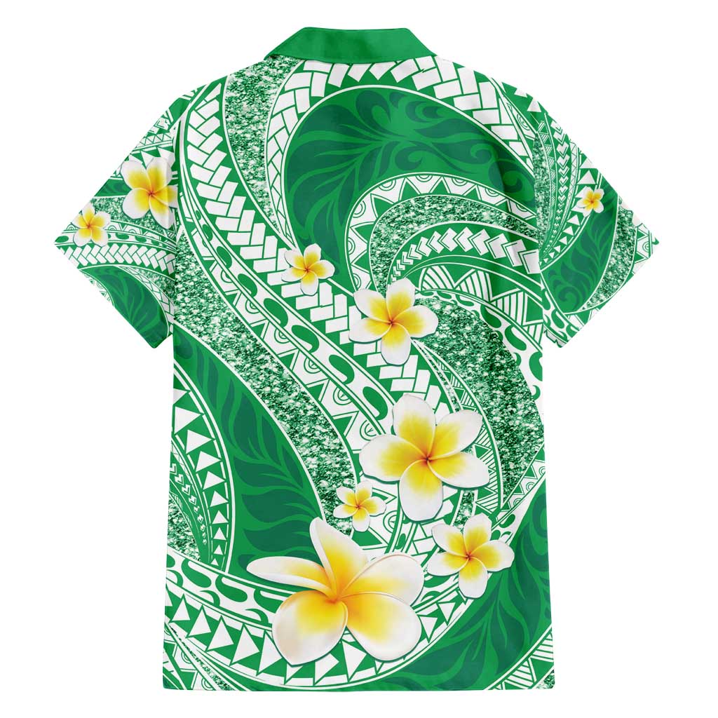 Plumeria Polynesian Green Glitter Pattern Family Matching Off Shoulder Maxi Dress and Hawaiian Shirt LT01 - Polynesian Pride