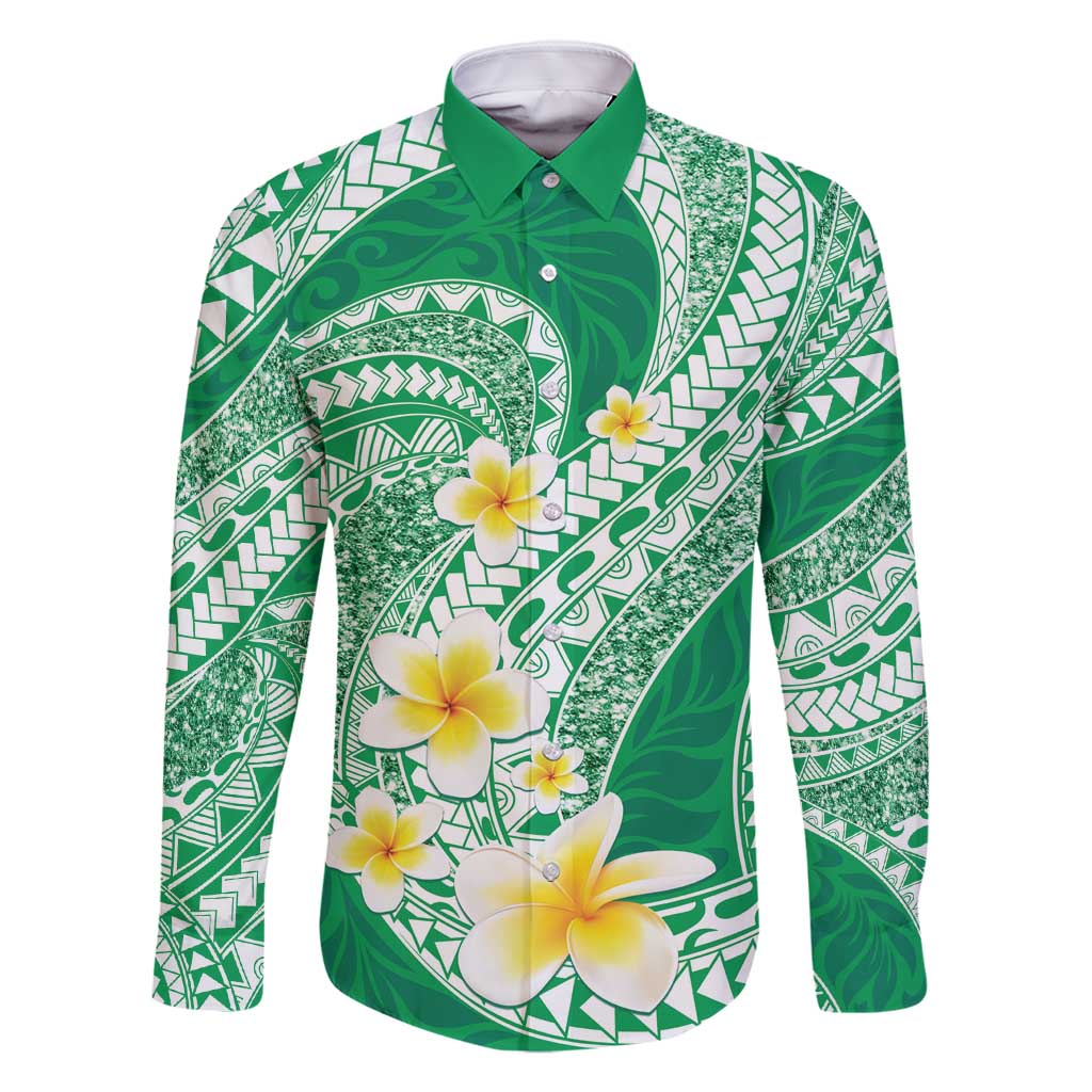 Plumeria Polynesian Green Glitter Pattern Family Matching Off Shoulder Maxi Dress and Hawaiian Shirt LT01 Dad's Shirt - Long Sleeve Green - Polynesian Pride