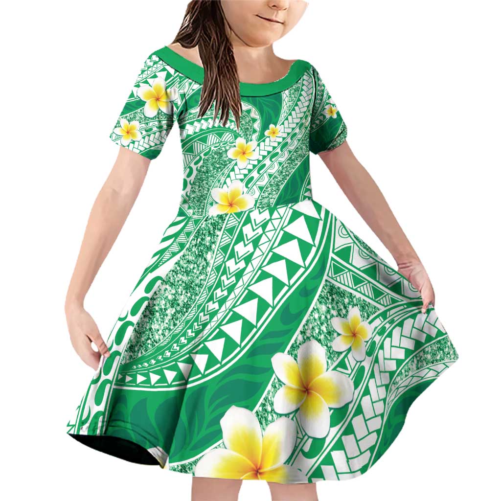 Plumeria Polynesian Green Glitter Pattern Family Matching Off Shoulder Short Dress and Hawaiian Shirt LT01 Daughter's Dress Green - Polynesian Pride