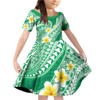 Plumeria Polynesian Green Glitter Pattern Family Matching Off Shoulder Short Dress and Hawaiian Shirt LT01 Daughter's Dress Green - Polynesian Pride