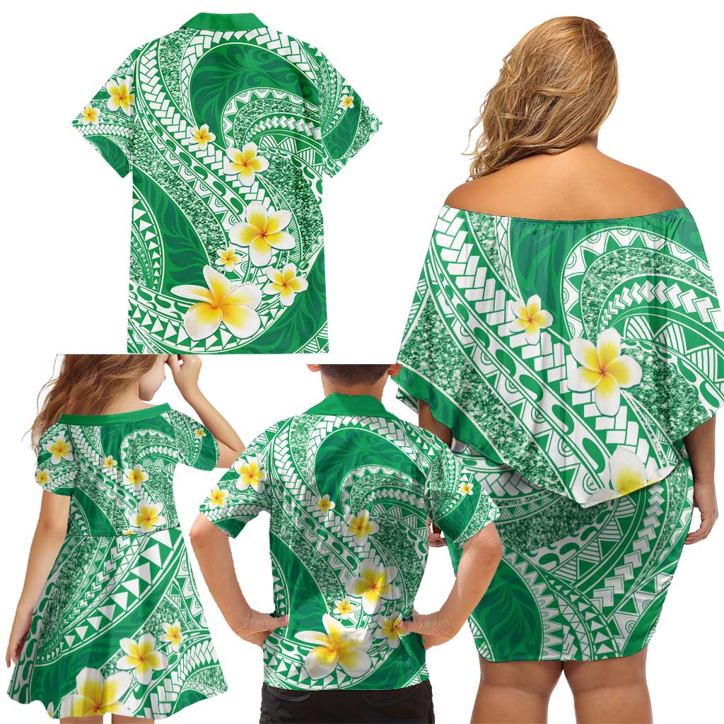 Plumeria Polynesian Green Glitter Pattern Family Matching Off Shoulder Short Dress and Hawaiian Shirt LT01 - Polynesian Pride