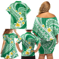 Plumeria Polynesian Green Glitter Pattern Family Matching Off Shoulder Short Dress and Hawaiian Shirt LT01 - Polynesian Pride