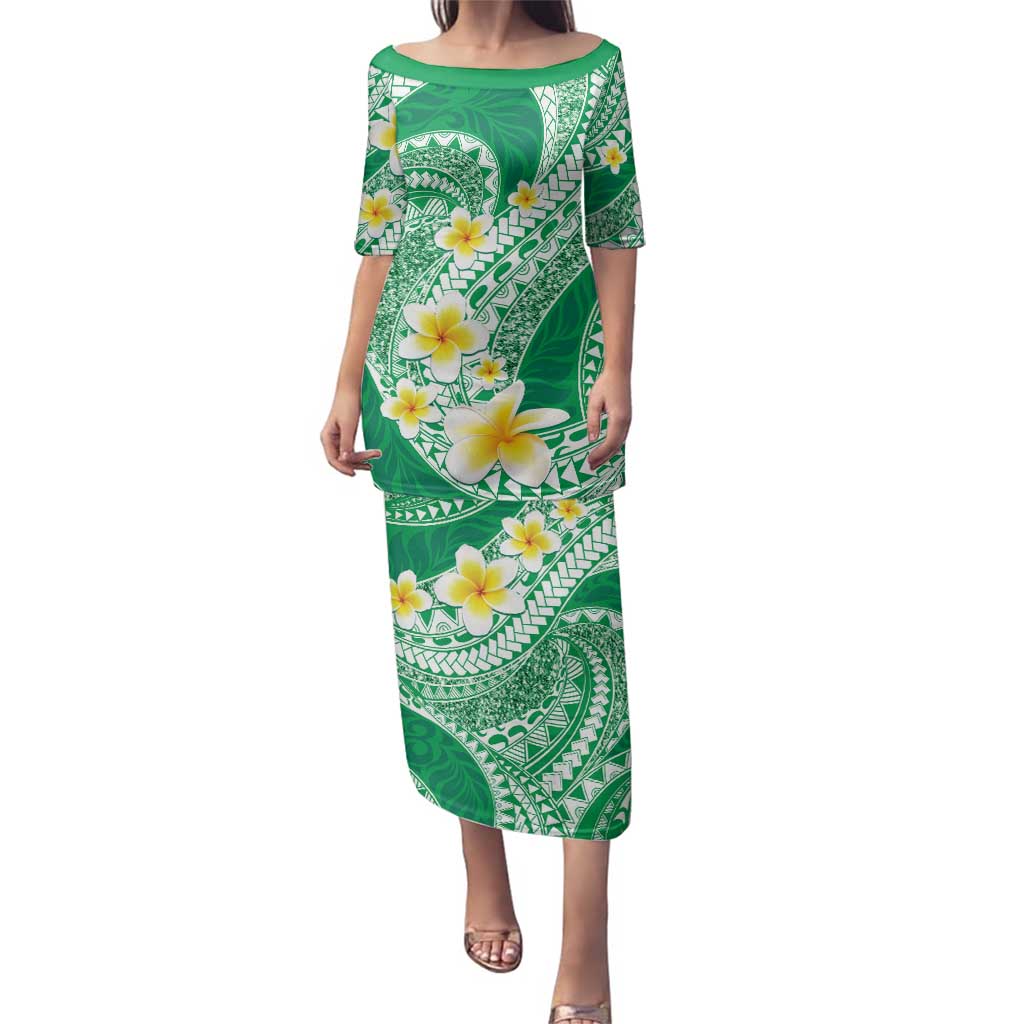 Plumeria Polynesian Green Glitter Pattern Family Matching Puletasi and Hawaiian Shirt