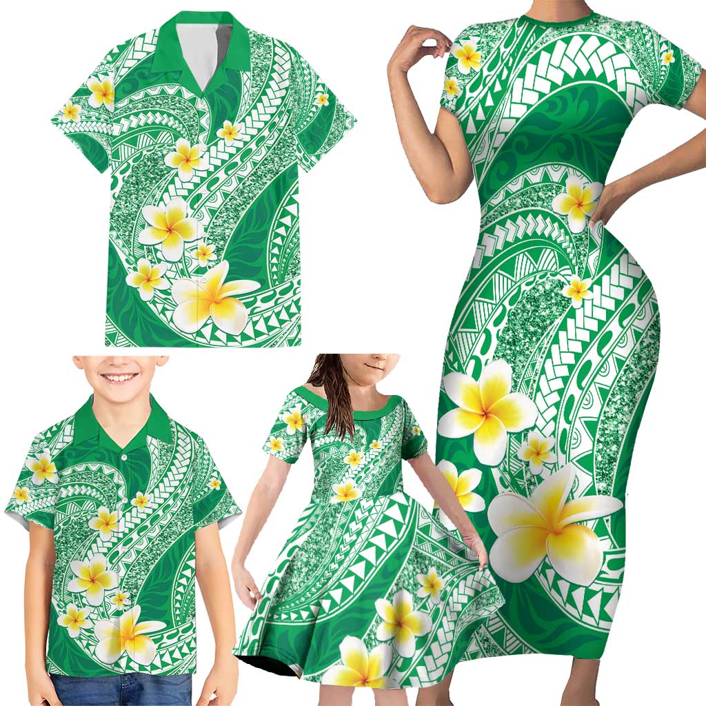 Plumeria Polynesian Green Glitter Pattern Family Matching Short Sleeve Bodycon Dress and Hawaiian Shirt LT01 - Polynesian Pride