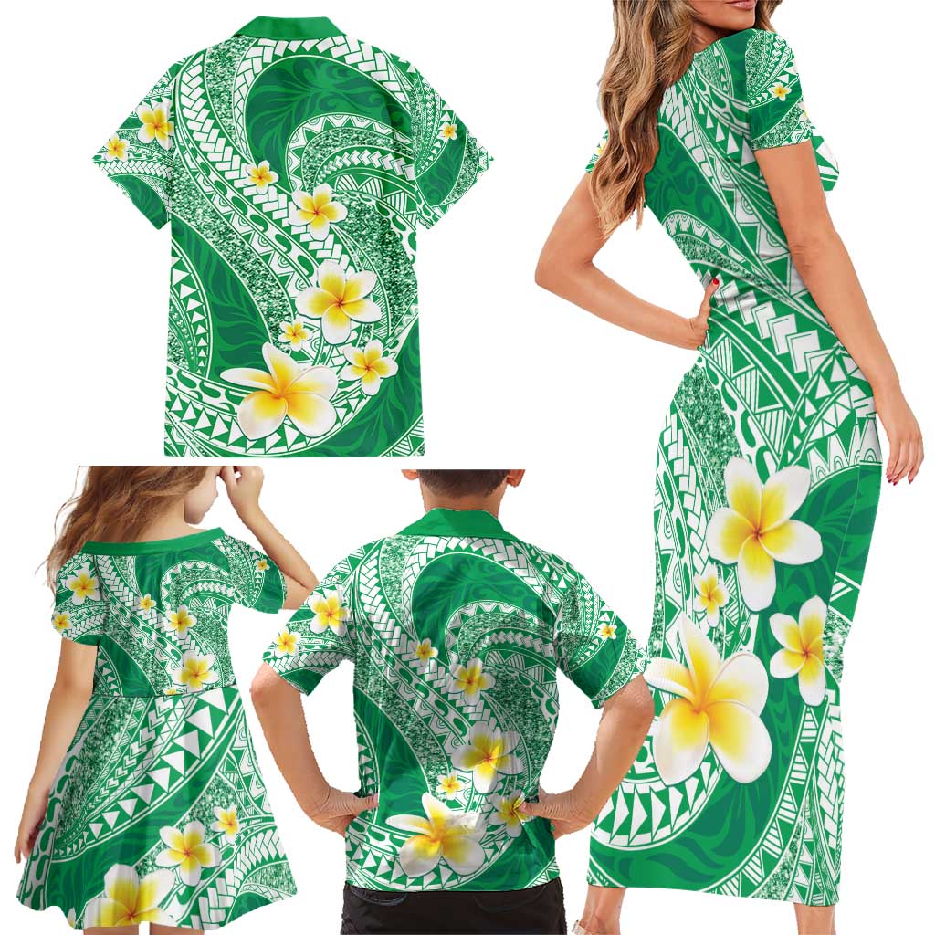 Plumeria Polynesian Green Glitter Pattern Family Matching Short Sleeve Bodycon Dress and Hawaiian Shirt LT01 - Polynesian Pride