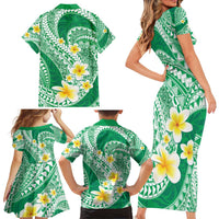 Plumeria Polynesian Green Glitter Pattern Family Matching Short Sleeve Bodycon Dress and Hawaiian Shirt LT01 - Polynesian Pride