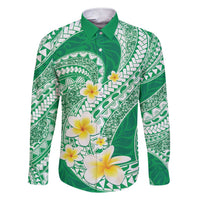 Plumeria Polynesian Green Glitter Pattern Family Matching Short Sleeve Bodycon Dress and Hawaiian Shirt LT01 Dad's Shirt - Long Sleeve Green - Polynesian Pride