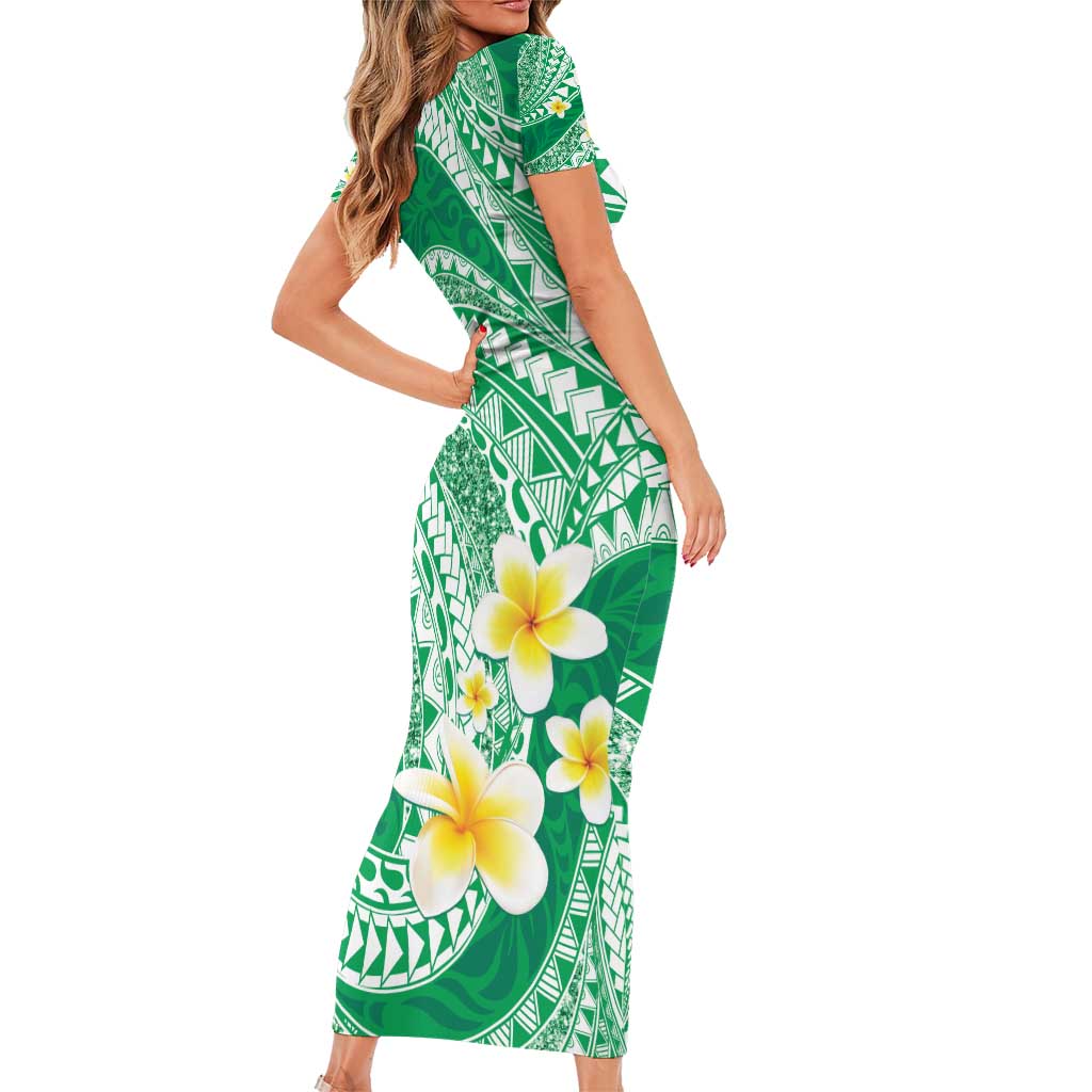 Plumeria Polynesian Green Glitter Pattern Family Matching Short Sleeve Bodycon Dress and Hawaiian Shirt LT01 - Polynesian Pride