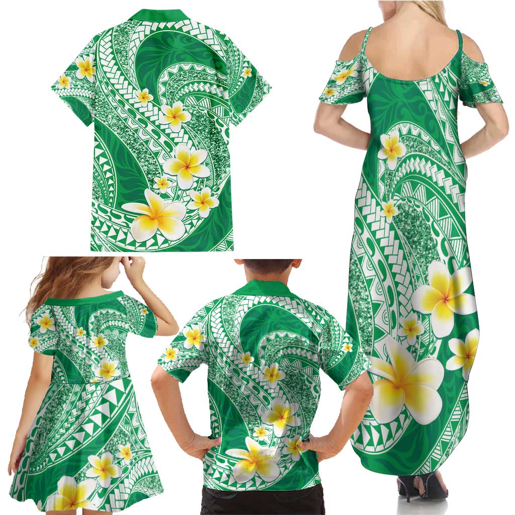 Plumeria Polynesian Green Glitter Pattern Family Matching Summer Maxi Dress and Hawaiian Shirt LT01 - Polynesian Pride