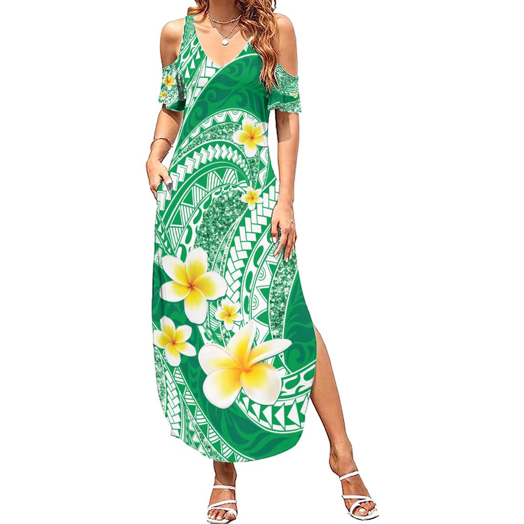 Plumeria Polynesian Green Glitter Pattern Family Matching Summer Maxi Dress and Hawaiian Shirt LT01 Mom's Dress Green - Polynesian Pride