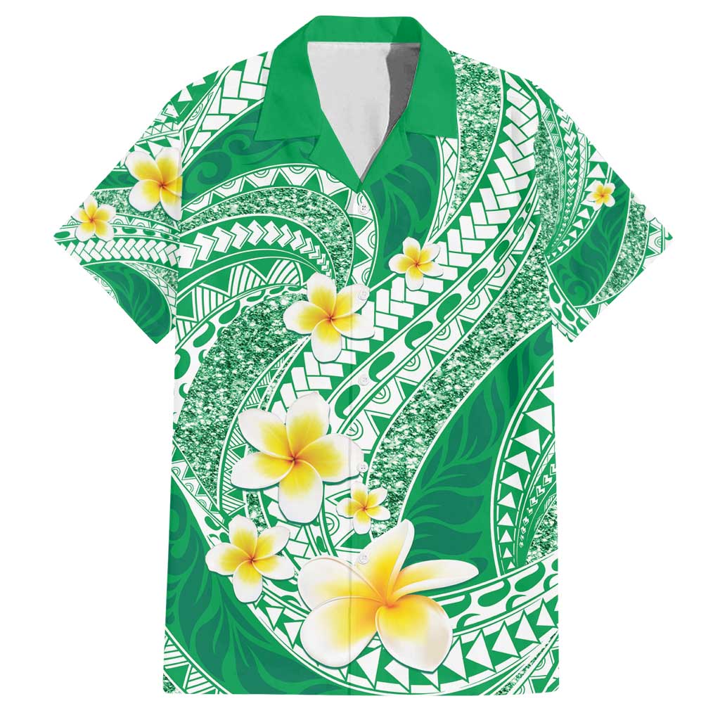 Plumeria Polynesian Green Glitter Pattern Family Matching Tank Maxi Dress and Hawaiian Shirt LT01 Dad's Shirt - Short Sleeve Green - Polynesian Pride