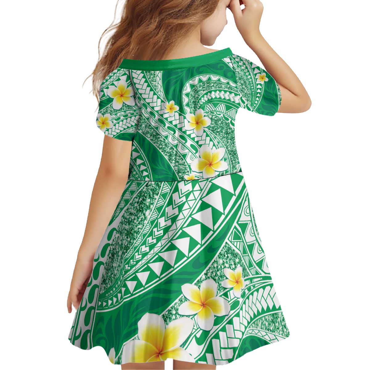 Plumeria Polynesian Green Glitter Pattern Kid Short Sleeve Dress