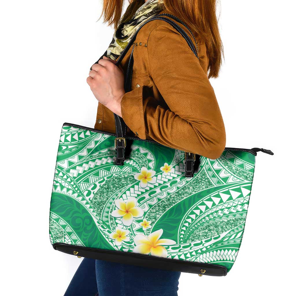 Plumeria Polynesian Green Glitter Pattern Leather Tote Bag LT01 Green - Polynesian Pride