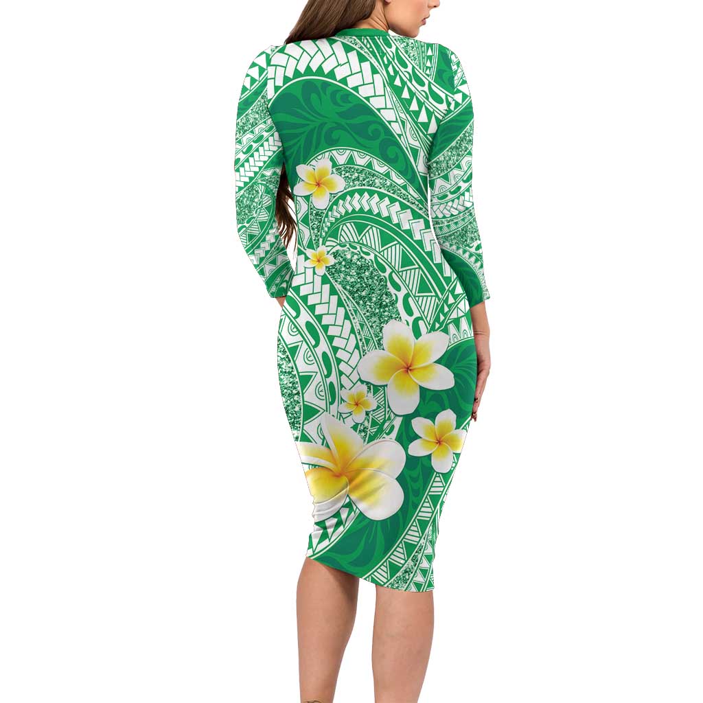 Plumeria Polynesian Green Glitter Pattern Long Sleeve Bodycon Dress