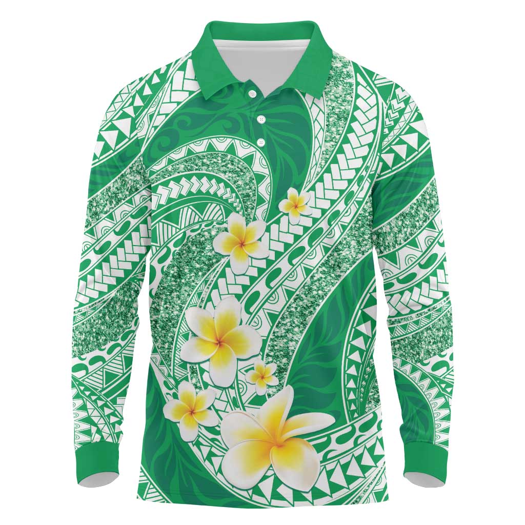 Plumeria Polynesian Green Glitter Pattern Long Sleeve Polo Shirt LT01 Green - Polynesian Pride