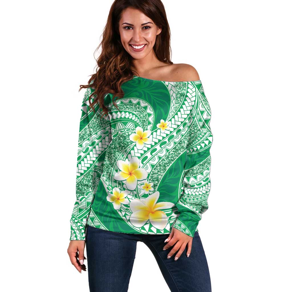 Plumeria Polynesian Green Glitter Pattern Off Shoulder Sweater LT01 Women Green - Polynesian Pride