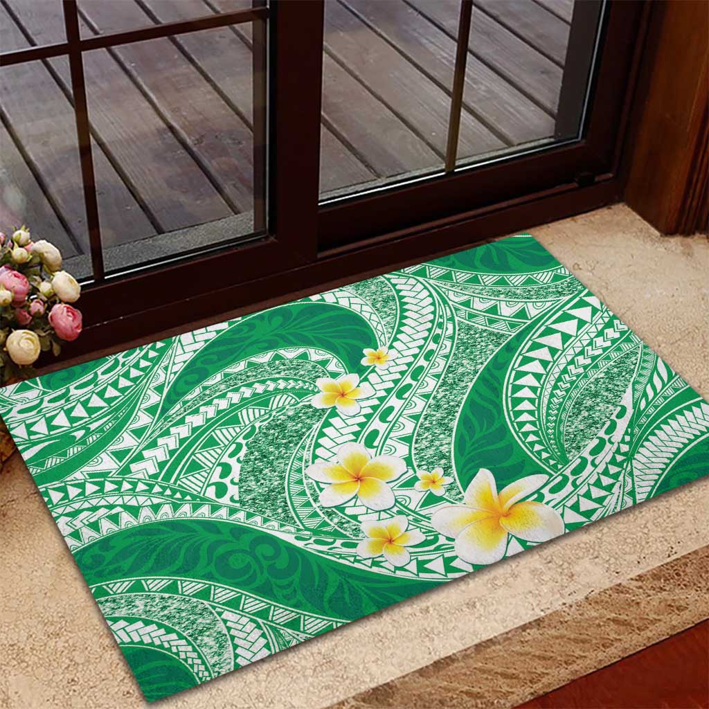 Plumeria Polynesian Green Glitter Pattern Rubber Doormat