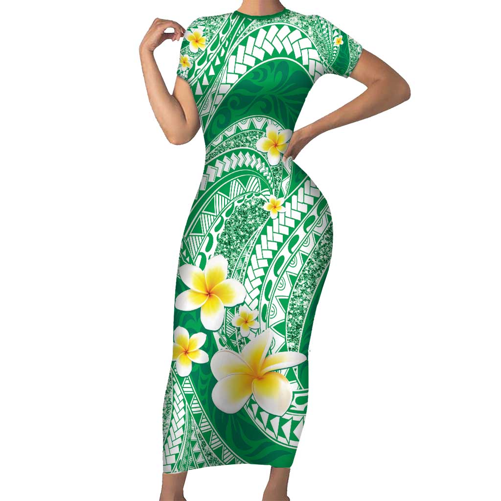 Plumeria Polynesian Green Glitter Pattern Short Sleeve Bodycon Dress LT01 Long Dress Green - Polynesian Pride
