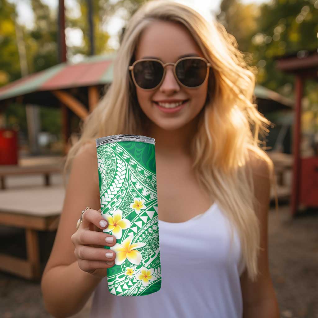 Plumeria Polynesian Green Glitter Pattern Skinny Tumbler