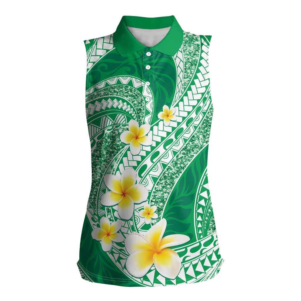 Plumeria Polynesian Green Glitter Pattern Women Sleeveless Polo Shirt LT01 Female Green - Polynesian Pride