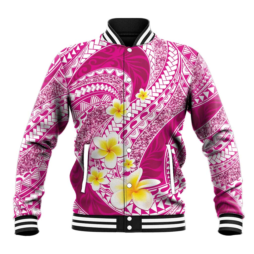 Plumeria Polynesian Pink Glitter Pattern Baseball Jacket