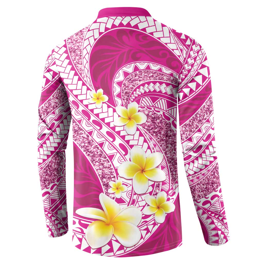 Plumeria Polynesian Pink Glitter Pattern Button Sweatshirt